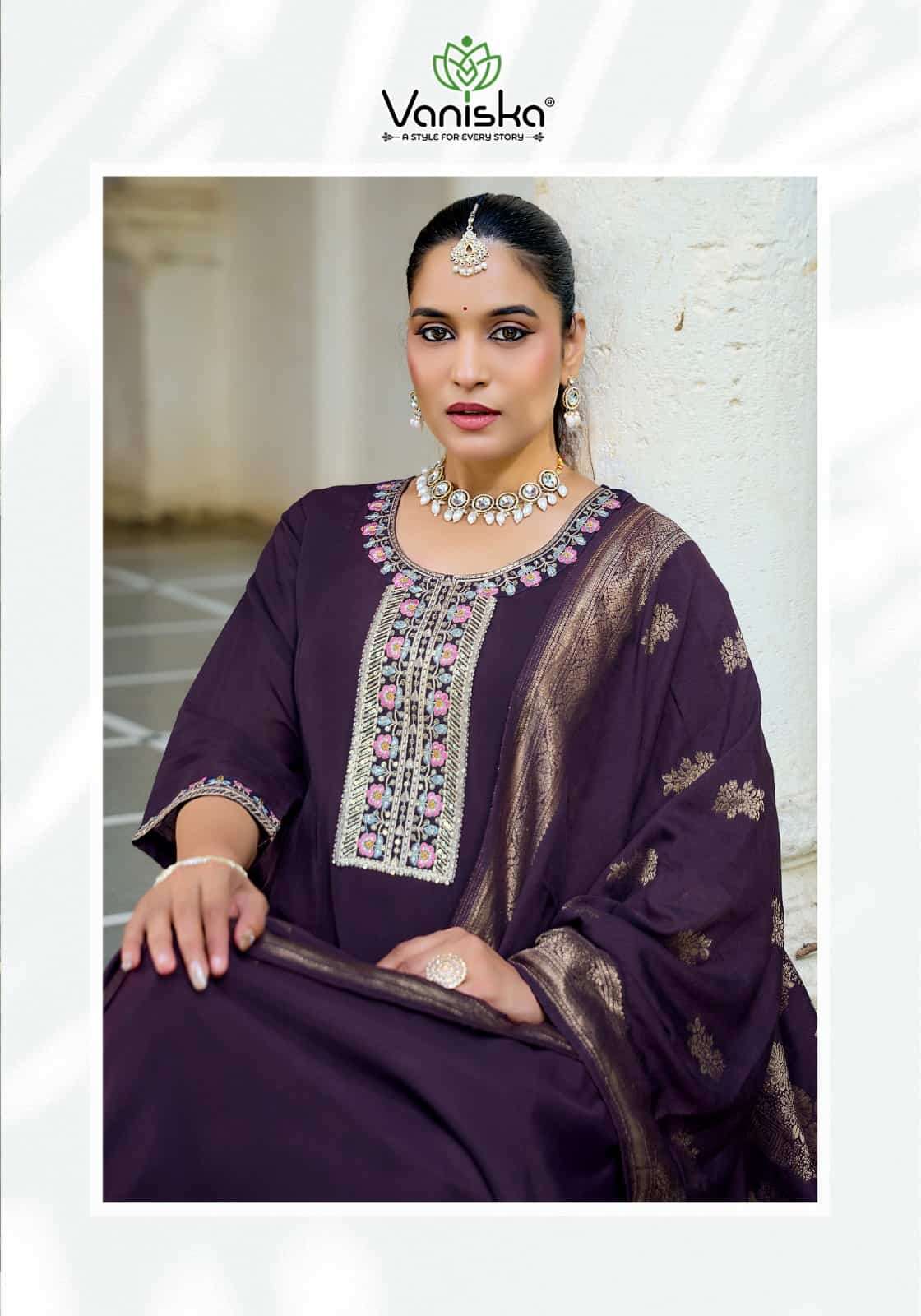 Vaniska Anarkali Vol 1 Mal Chanderi Kurti Pant Dupatta Set - Amrah Wholesale