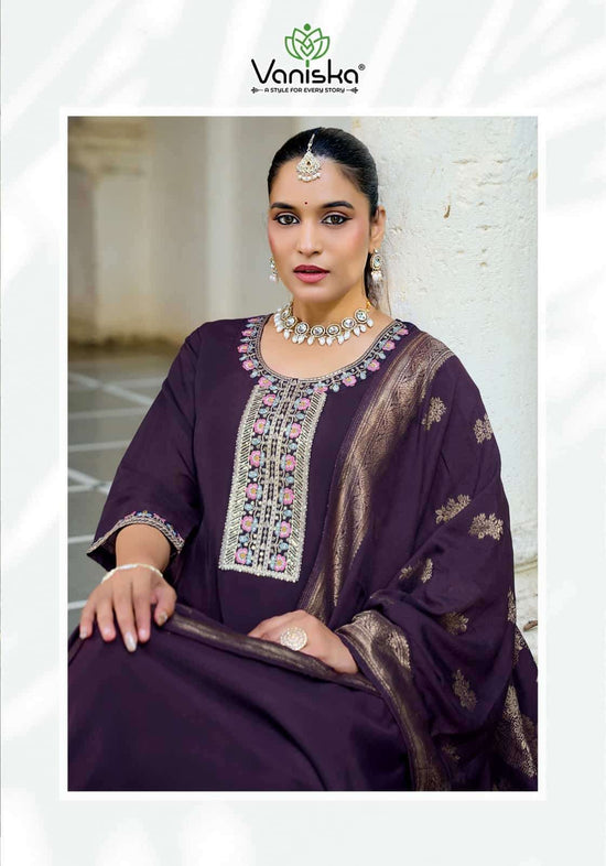 Vaniska Anarkali Vol 1 Mal Chanderi Kurti Pant Dupatta Set - Amrah Wholesale