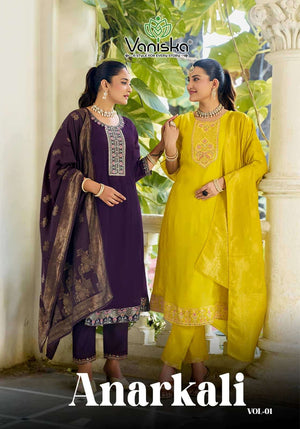 Vaniska Anarkali Vol 1 Mal Chanderi Kurti Pant Dupatta Set - Amrah Wholesale