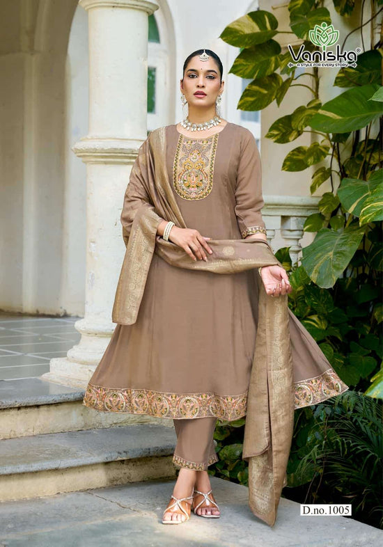 Vaniska Anarkali Vol 1 Mal Chanderi Kurti Pant Dupatta Set - Amrah Wholesale
