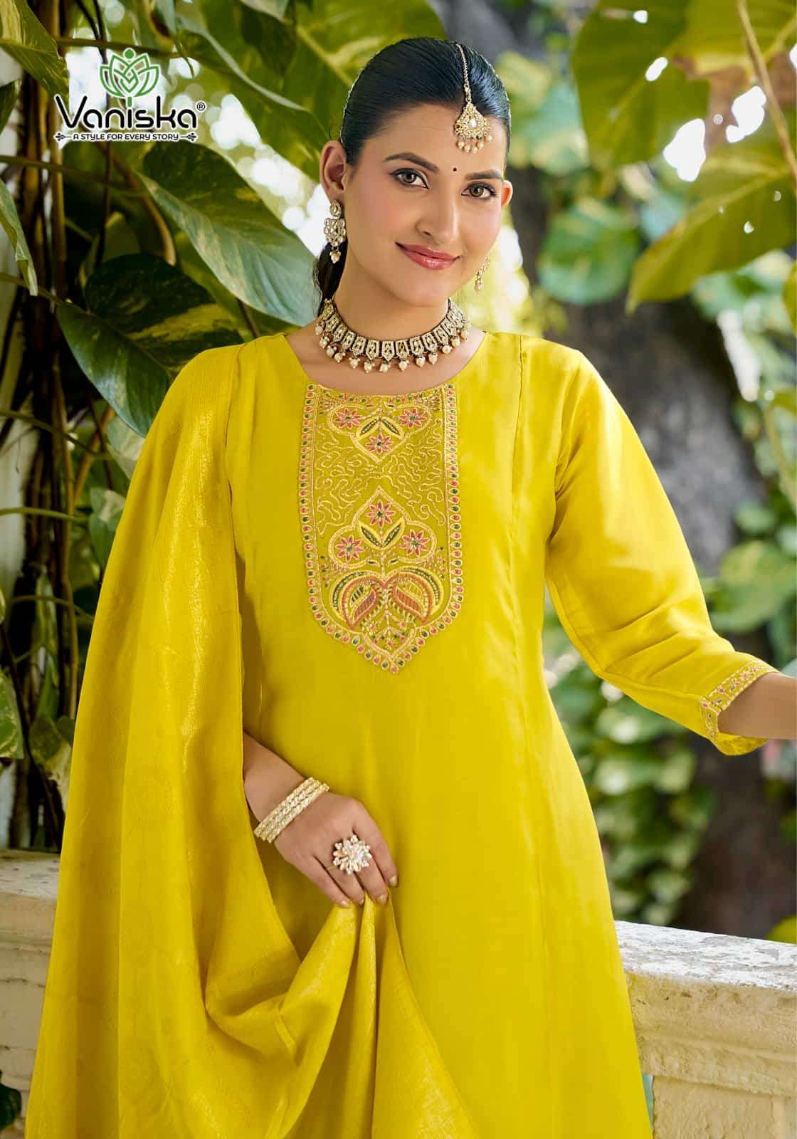 Vaniska Anarkali Vol 1 Mal Chanderi Kurti Pant Dupatta Set - Amrah Wholesale