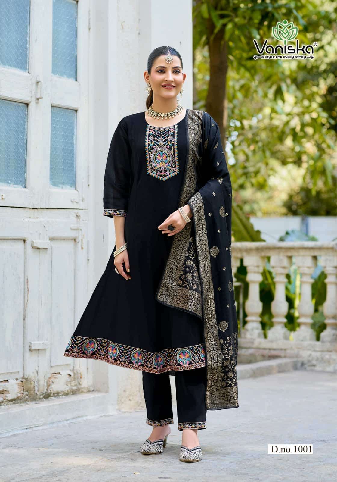 Vaniska Anarkali Vol 1 Mal Chanderi Kurti Pant Dupatta Set - Amrah Wholesale