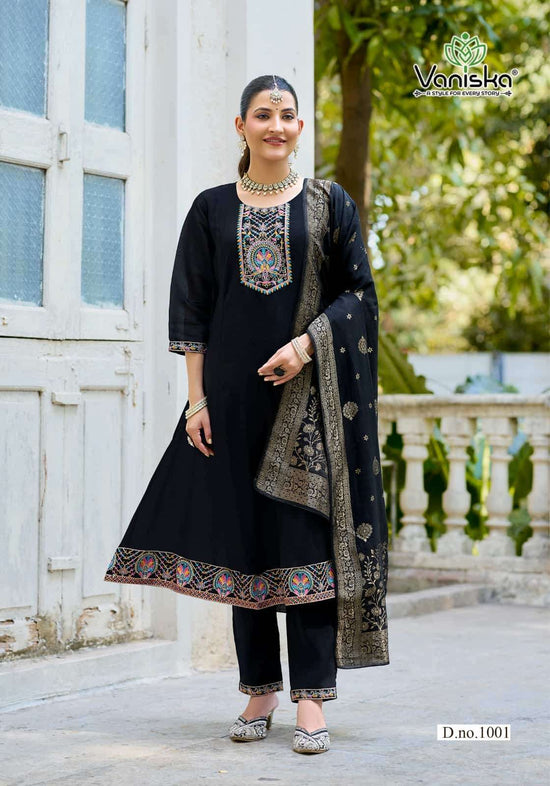 Vaniska Anarkali Vol 1 Mal Chanderi Kurti Pant Dupatta Set - Amrah Wholesale