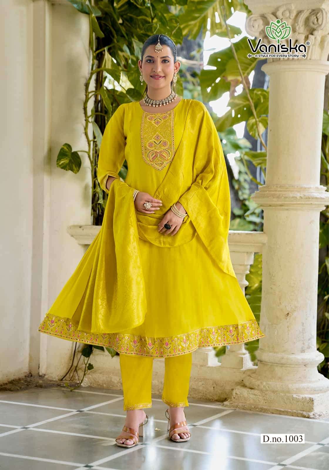 Vaniska Anarkali Vol 1 Mal Chanderi Kurti Pant Dupatta Set - Amrah Wholesale