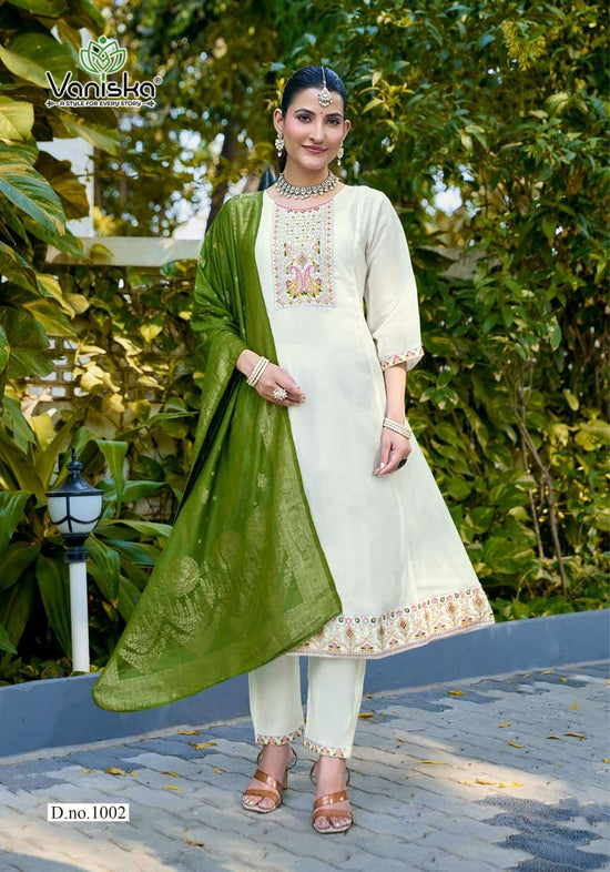 Vaniska Anarkali Vol 1 Mal Chanderi Kurti Pant Dupatta Set - Amrah Wholesale