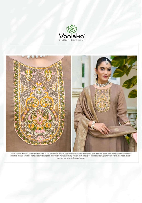 Vaniska Anarkali Vol 1 Mal Chanderi Kurti Pant Dupatta Set - Amrah Wholesale
