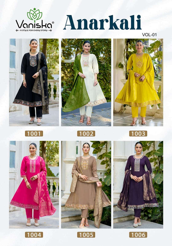 Vaniska Anarkali Vol 1 Mal Chanderi Kurti Pant Dupatta Set - Amrah Wholesale