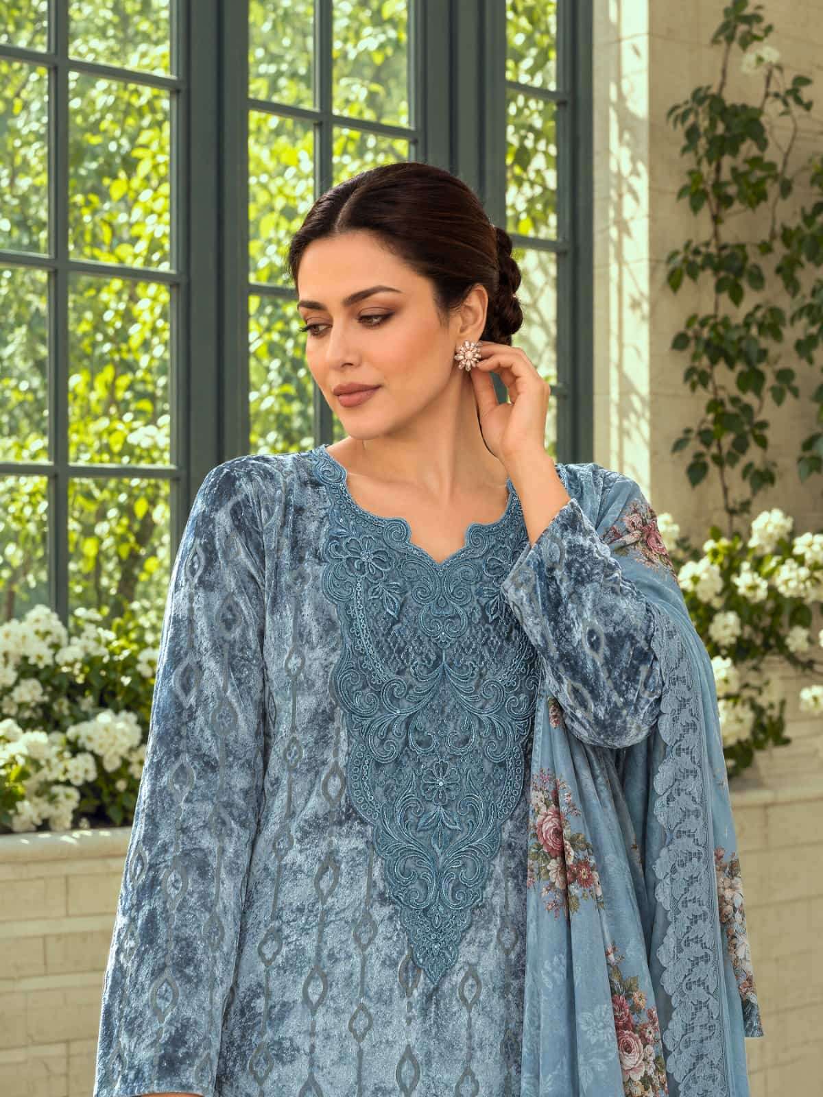 Varsha Fashion Blue Moon Palachi Velvet Embroidered Dress Material