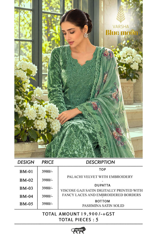 Varsha Fashion Blue Moon Palachi Velvet Embroidered Dress Material
