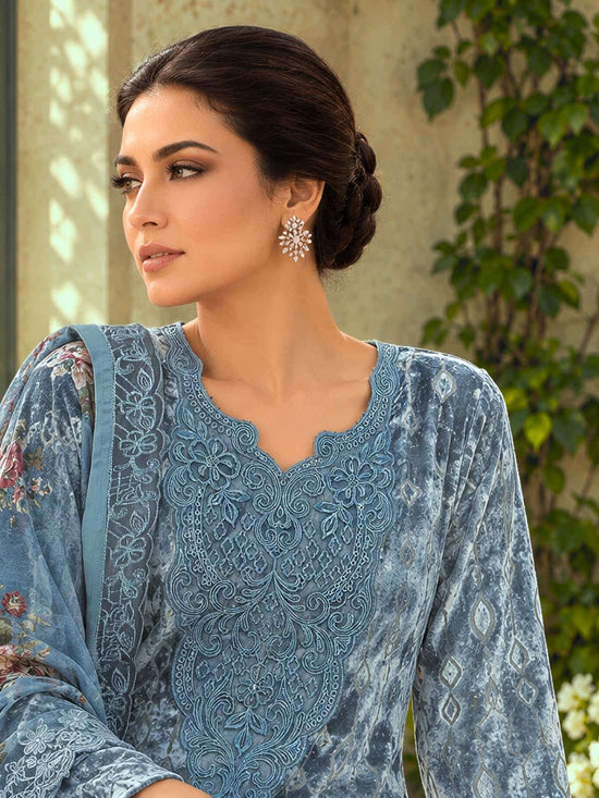 Varsha Fashion Blue Moon Palachi Velvet Embroidered Dress Material