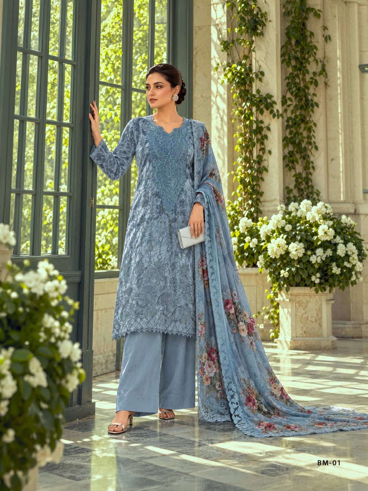 Varsha Fashion Blue Moon Palachi Velvet Embroidered Dress Material