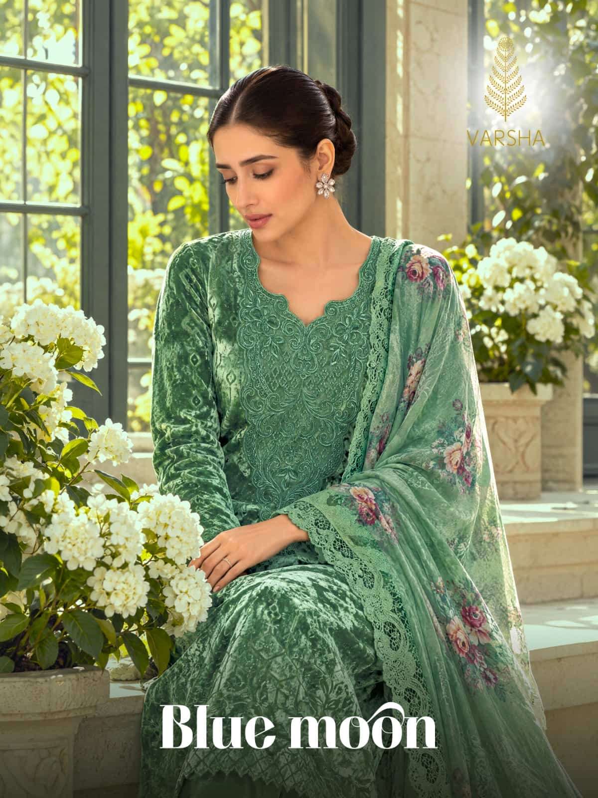 Varsha Fashion Blue Moon Palachi Velvet Embroidered Dress Material