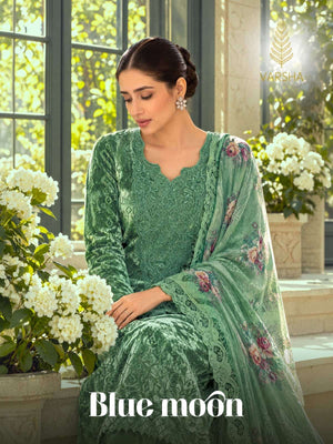 Varsha Fashion Blue Moon Palachi Velvet Embroidered Dress Material