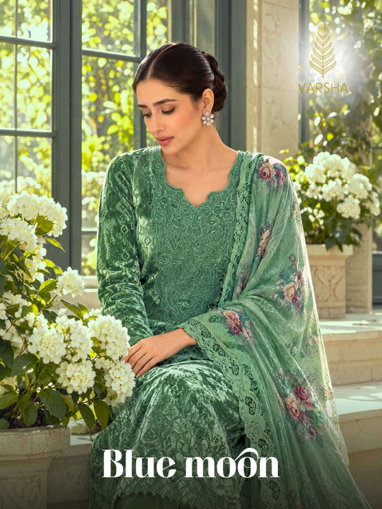 Varsha Fashion Blue Moon Palachi Velvet Embroidered Dress Material