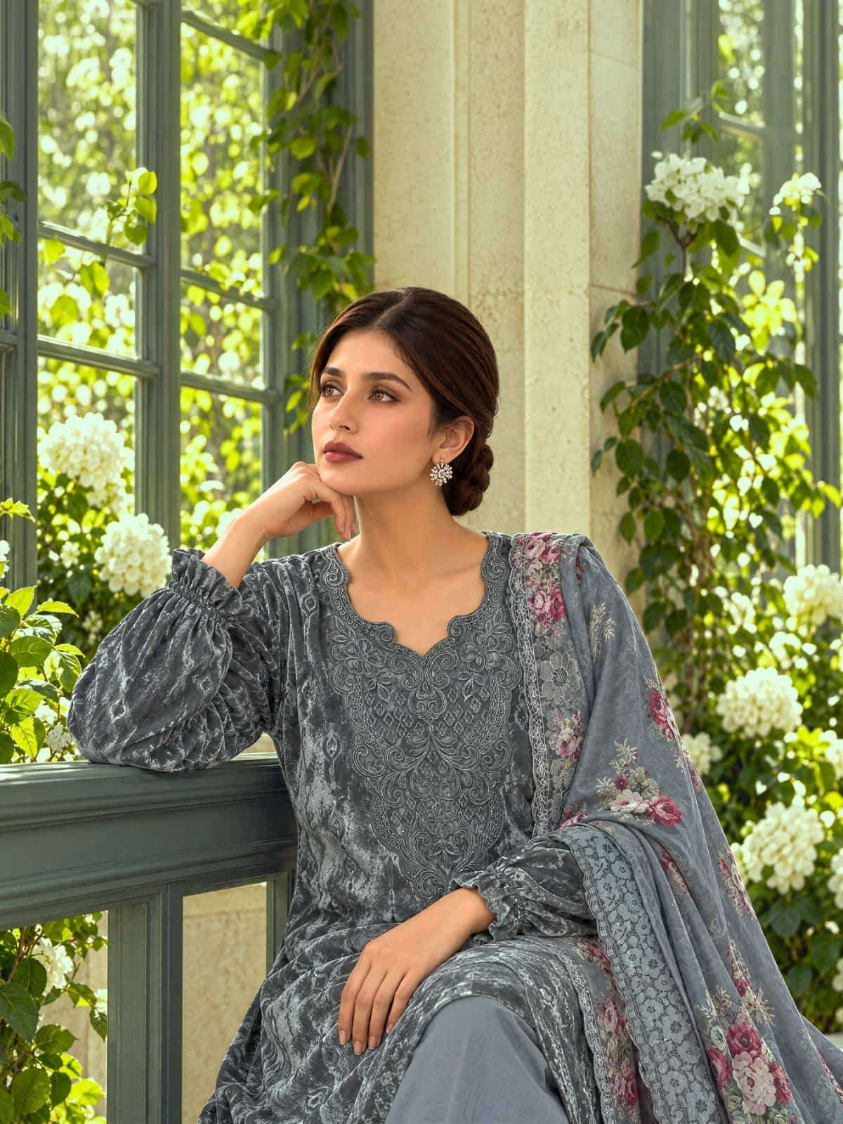 Varsha Fashion Blue Moon Palachi Velvet Embroidered Dress Material