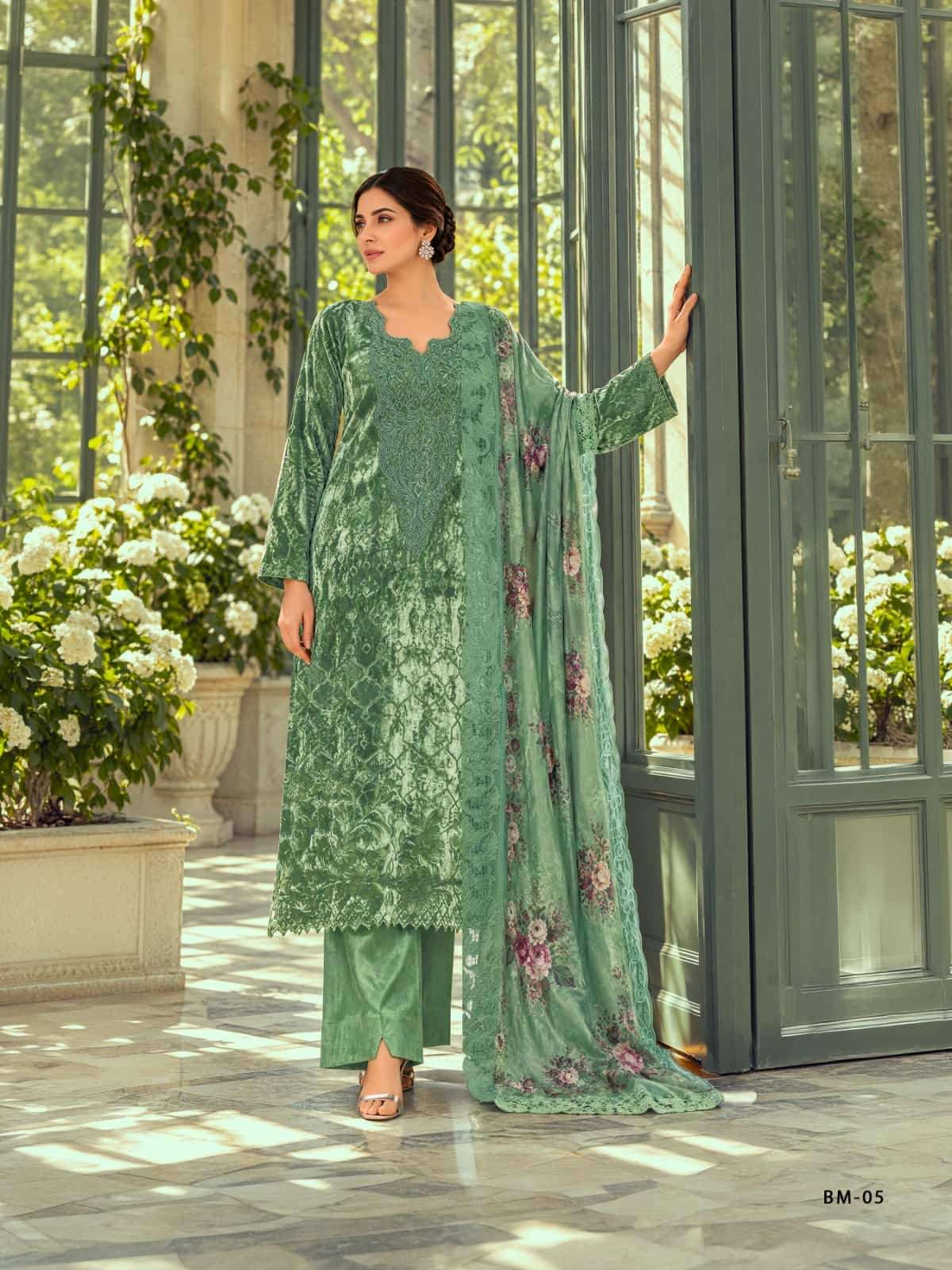 Varsha Fashion Blue Moon Palachi Velvet Embroidered Dress Material