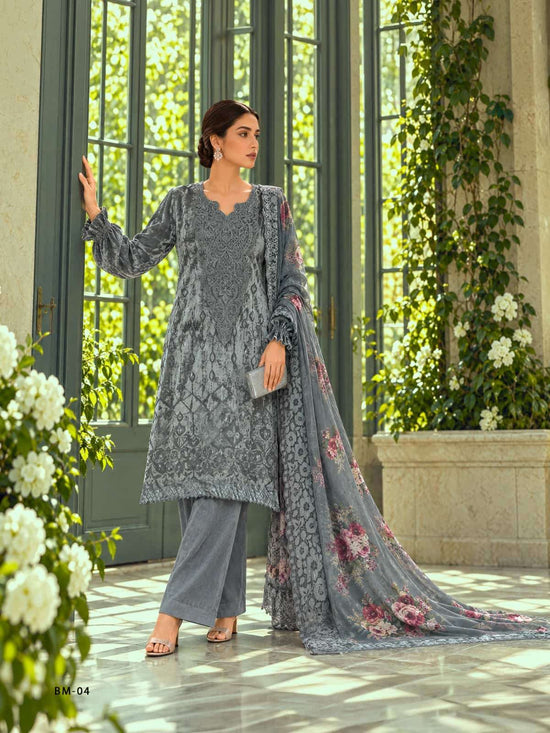 Varsha Fashion Blue Moon Palachi Velvet Embroidered Dress Material