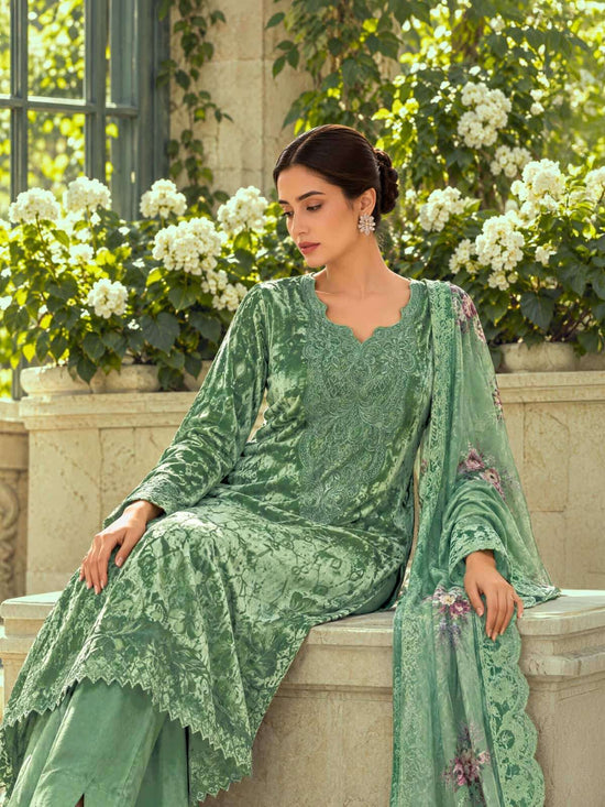 Varsha Fashion Blue Moon Palachi Velvet Embroidered Dress Material