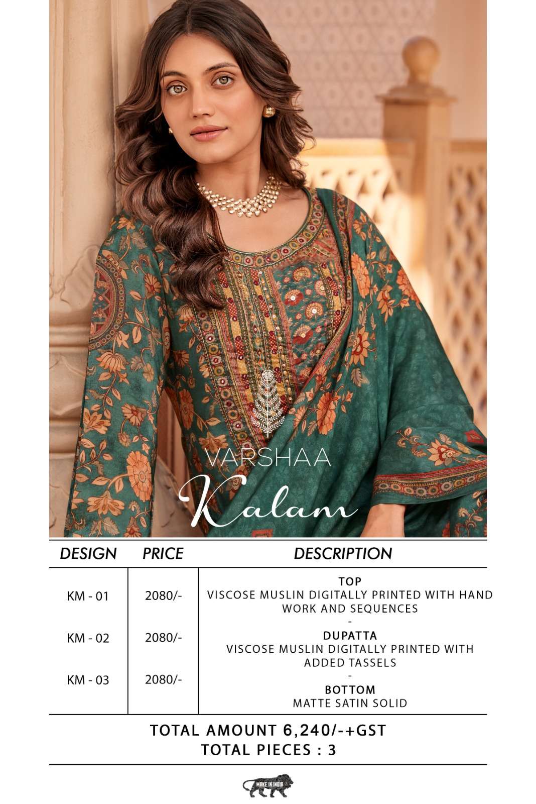 Varsha Fashion Kalam Viscose Muslin Dress Material - Amrah Wholesale