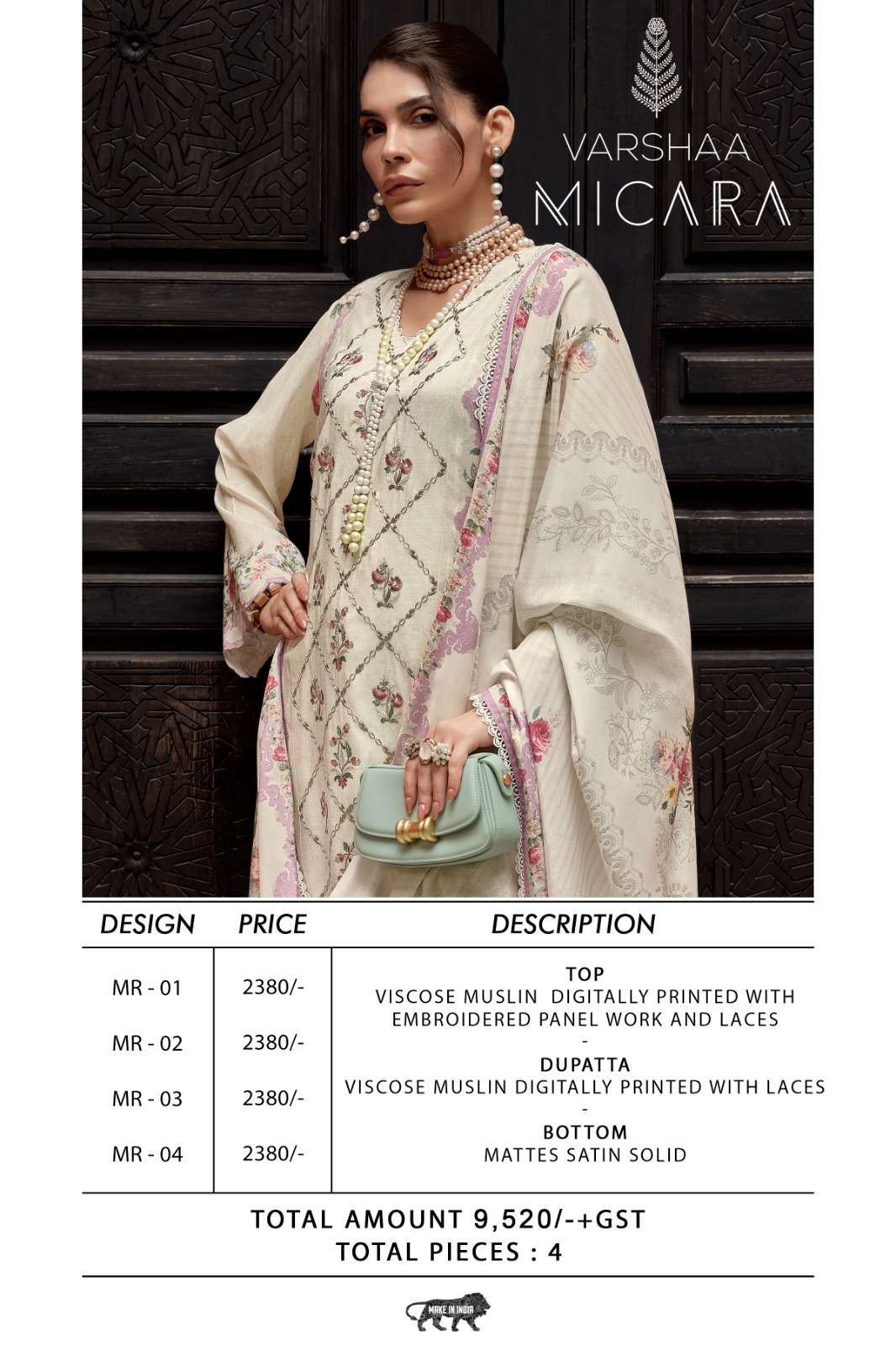 Varsha Fashion Micara Viscose Muslin Embroidered Dress Material Wholesale