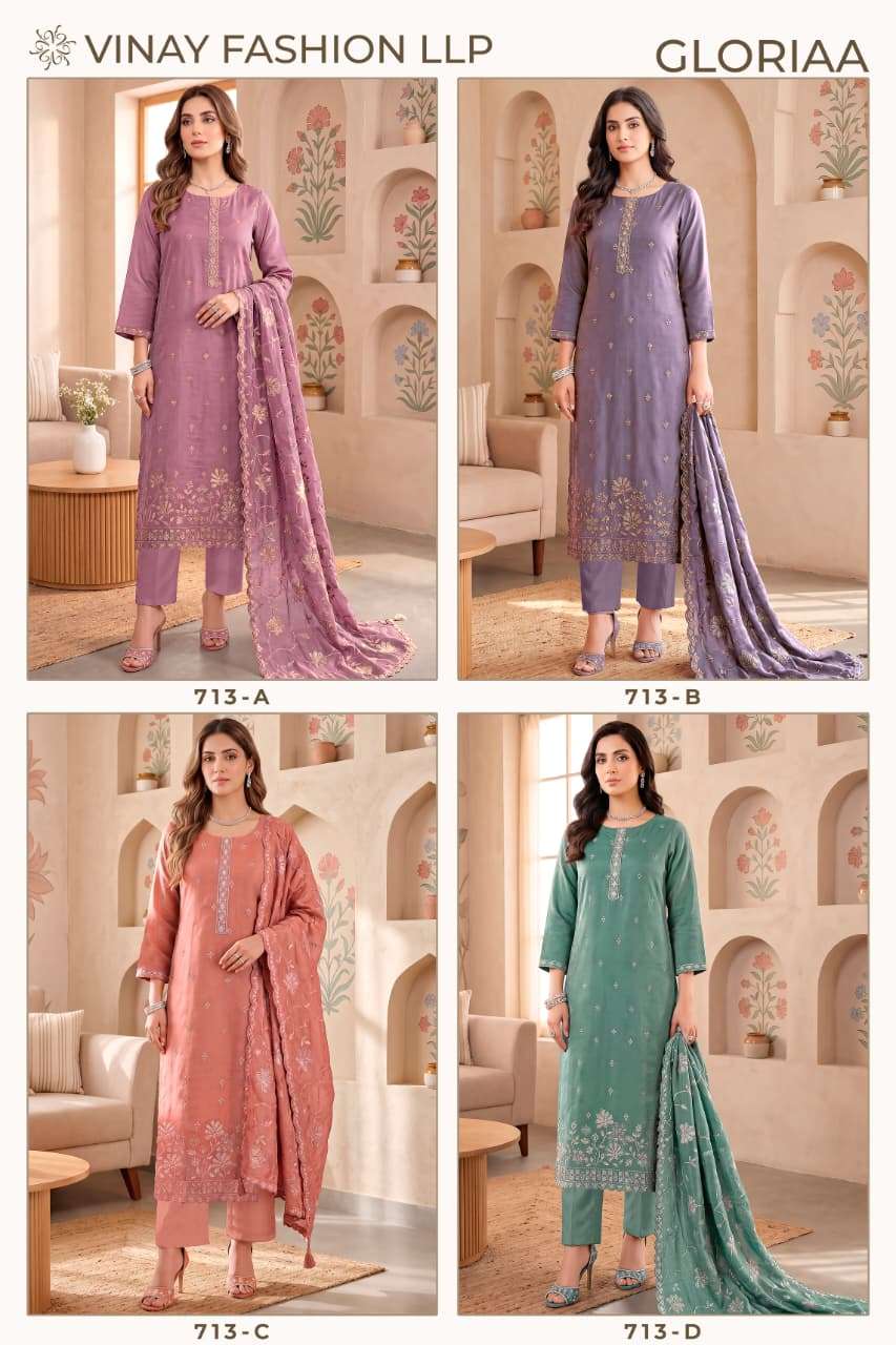 Vinay Fashion Gloriaaa Premium Gold Silk Embroidered Dress Material - Amrah Wholesale
