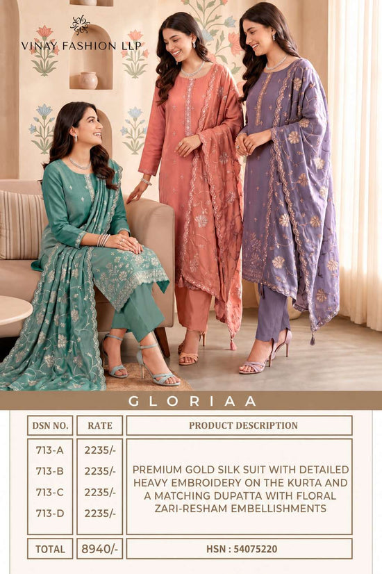 Vinay Fashion Gloriaaa Premium Gold Silk Embroidered Dress Material - Amrah Wholesale