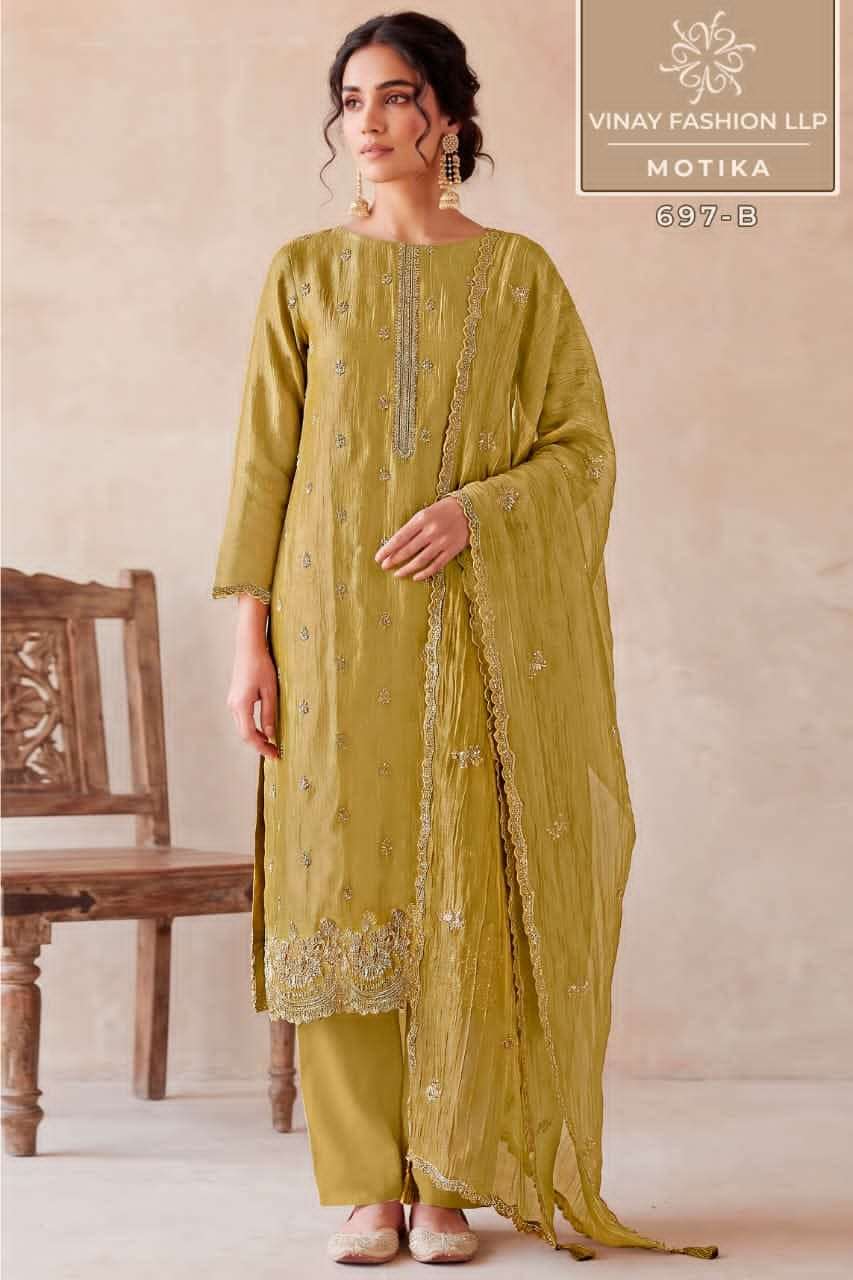 Vinay Fashion Motika Premium Salsa Crush Silk Designer Dress Material - Amrah Wholesale
