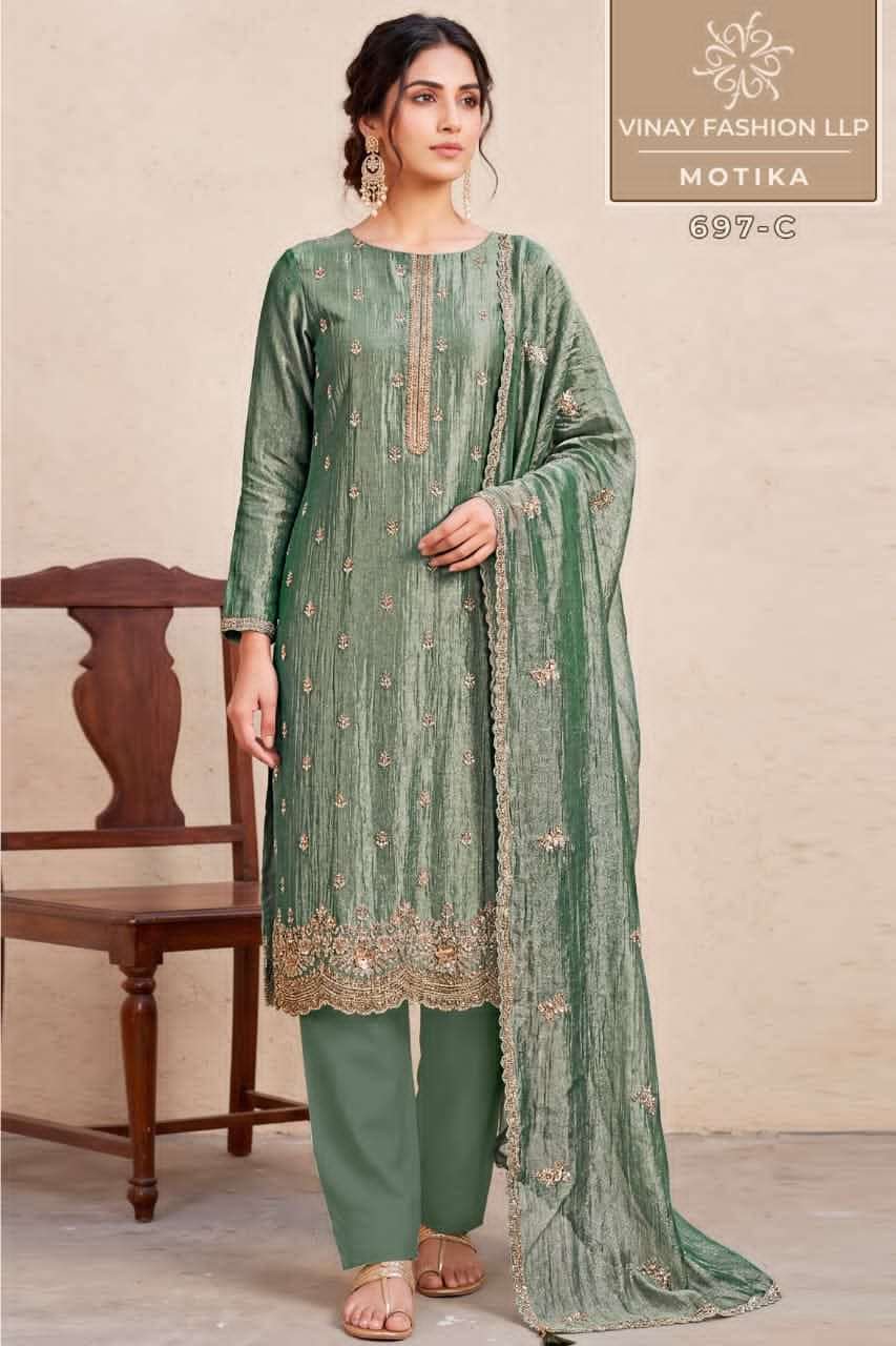 Vinay Fashion Motika Premium Salsa Crush Silk Designer Dress Material - Amrah Wholesale