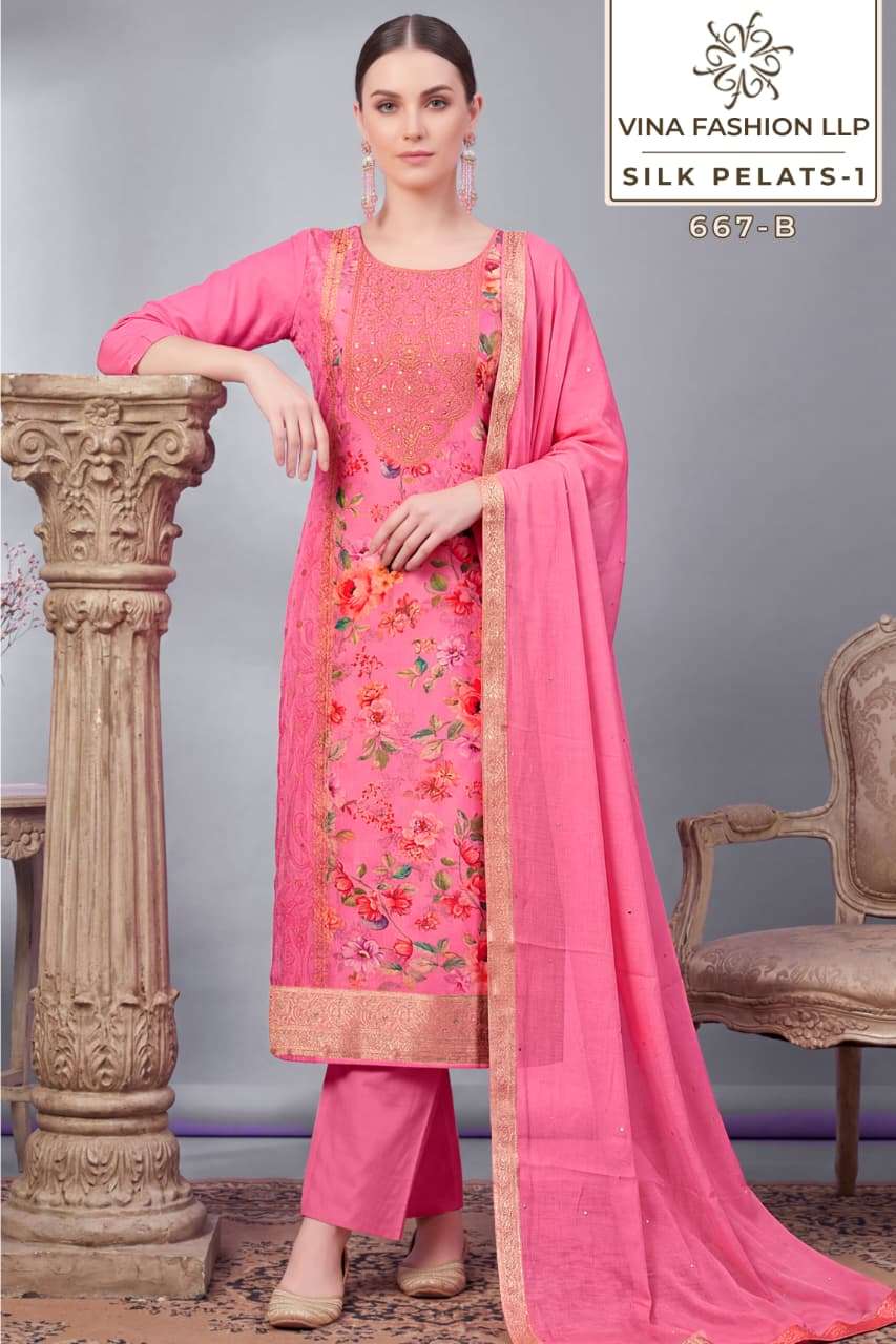 Vinay Fashion Silk Petals Russian Silk Dress Material Wholesale Surat India