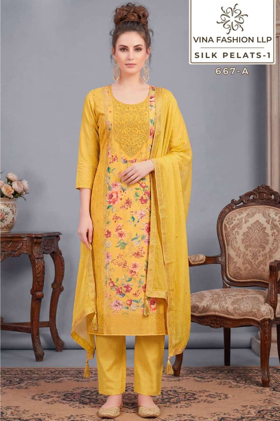 Vinay Fashion Silk Petals Russian Silk Dress Material Wholesale Surat India