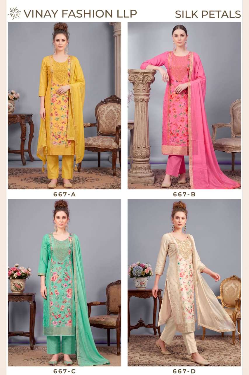 Vinay Fashion Silk Petals Russian Silk Dress Material Wholesale Surat India