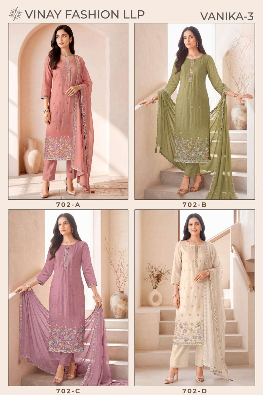 Vinay Fashion Vamika Vol 3 Premium Mul Chanderi Designer Dress Material - Amrah Wholesale