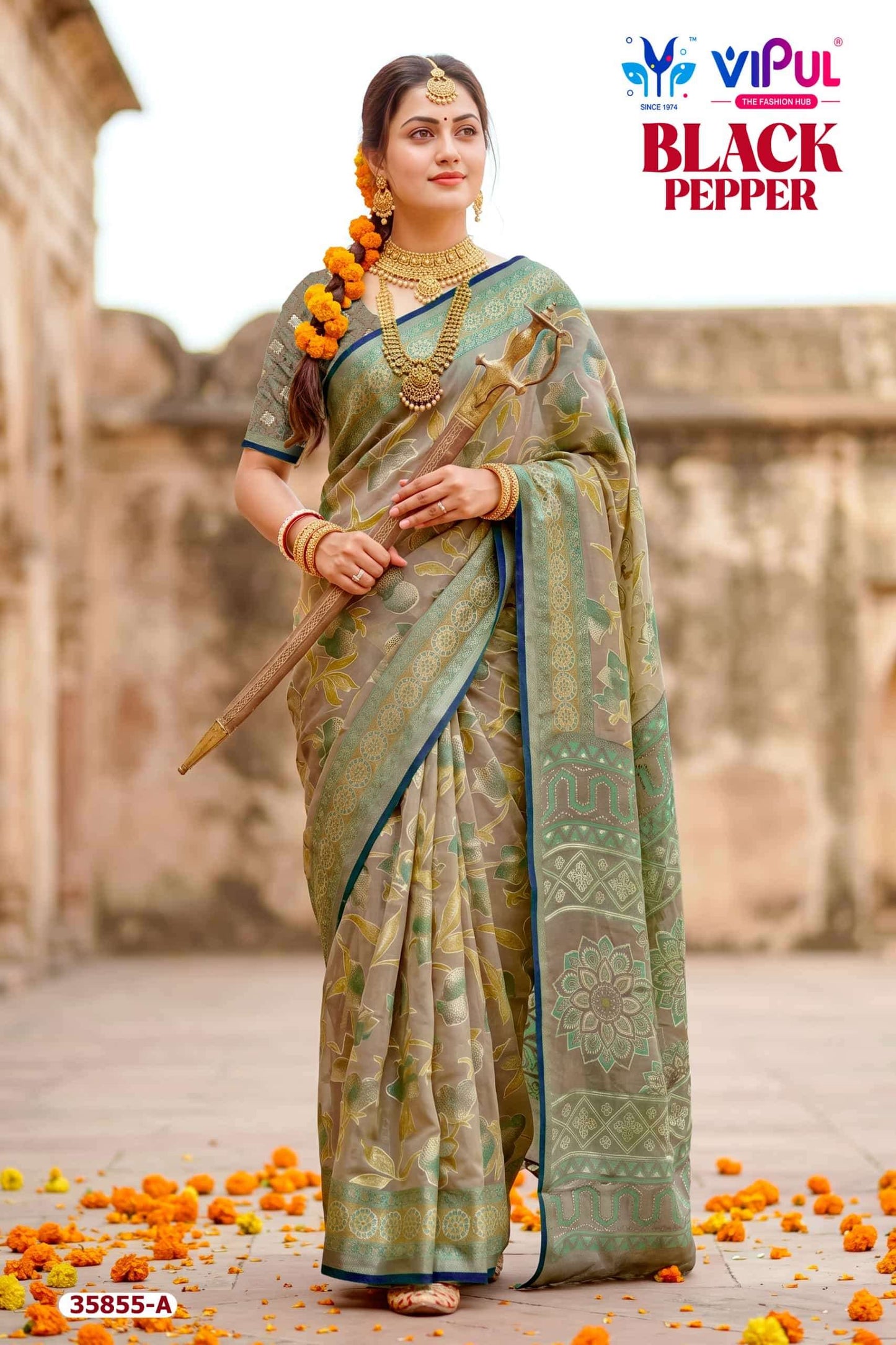 Vipul Fashion Black Pepper 35855 Colors Brasso Saree Collection