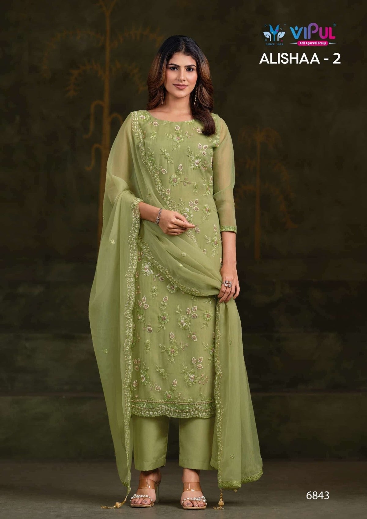 Vipul Fashion Alishaa Vol 2 Gold Crinkle Chiffon Pakistani Suit - Amrah Wholesale