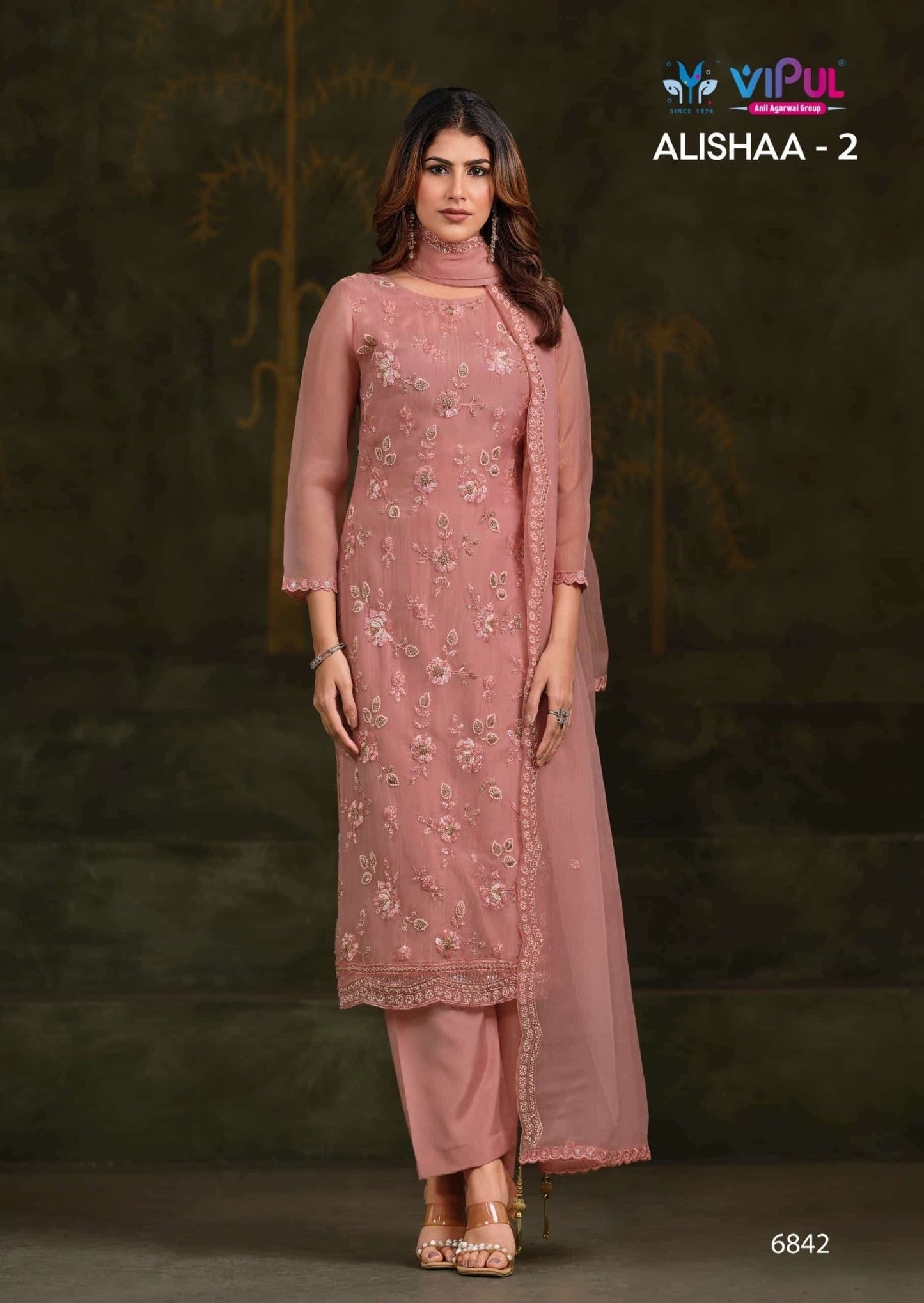 Vipul Fashion Alishaa Vol 2 Gold Crinkle Chiffon Pakistani Suit - Amrah Wholesale