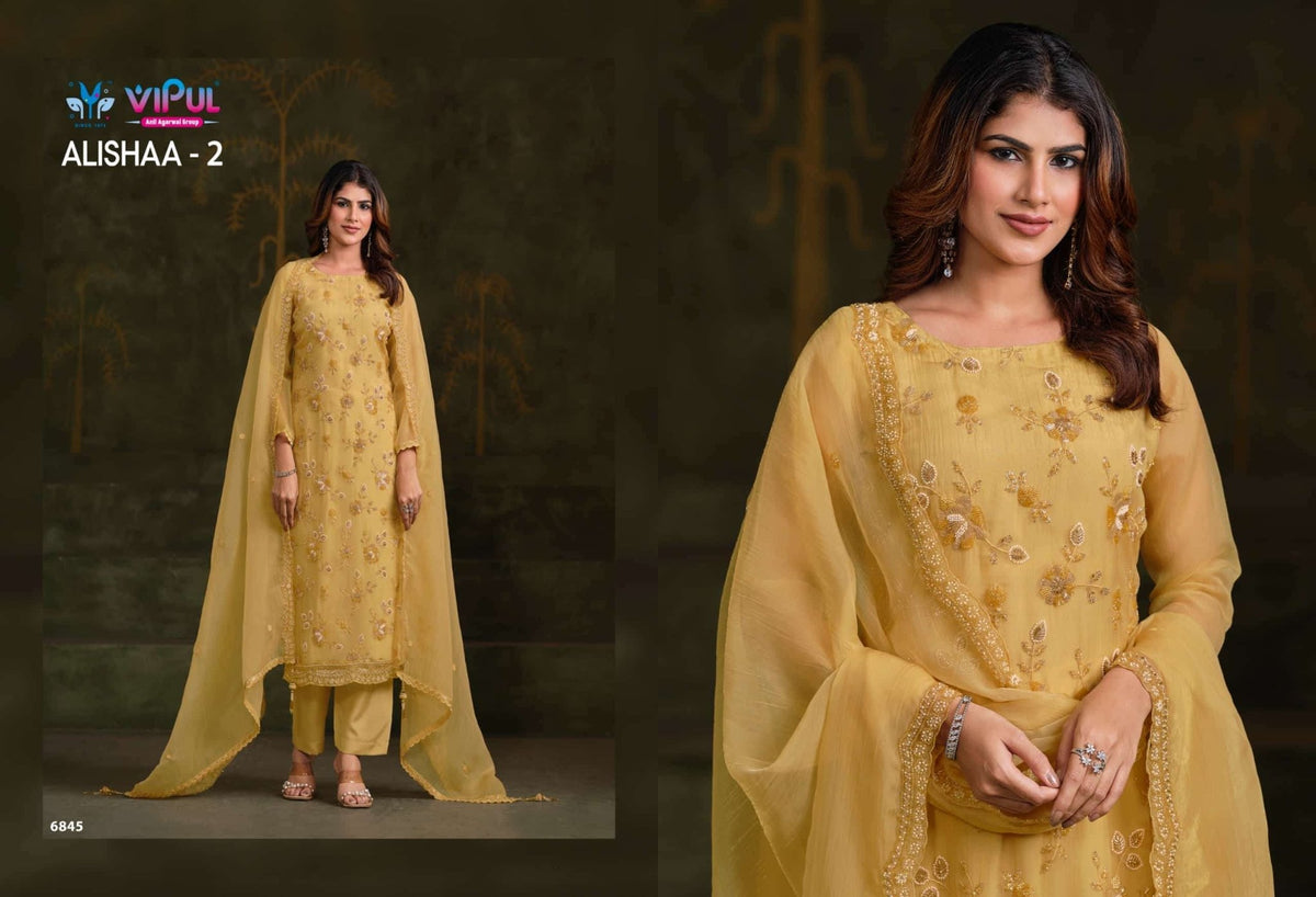 Vipul Fashion Alishaa Vol 2 Gold Crinkle Chiffon Pakistani Suit - Amrah Wholesale