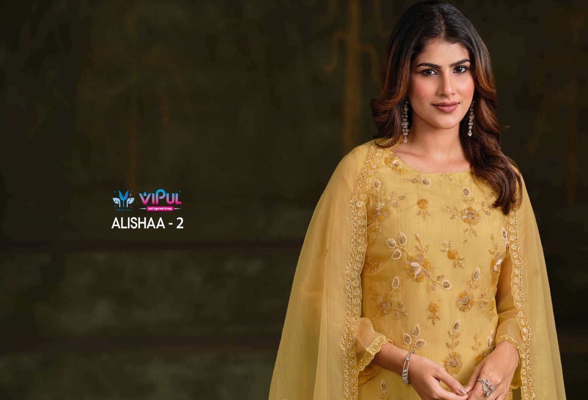 Vipul Fashion Alishaa Vol 2 Gold Crinkle Chiffon Pakistani Suit - Amrah Wholesale