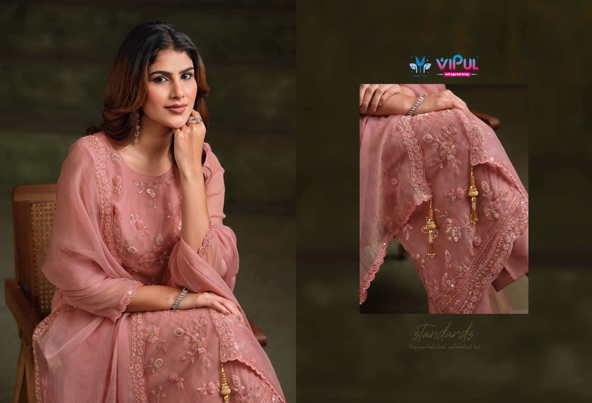 Vipul Fashion Alishaa Vol 2 Gold Crinkle Chiffon Pakistani Suit - Amrah Wholesale