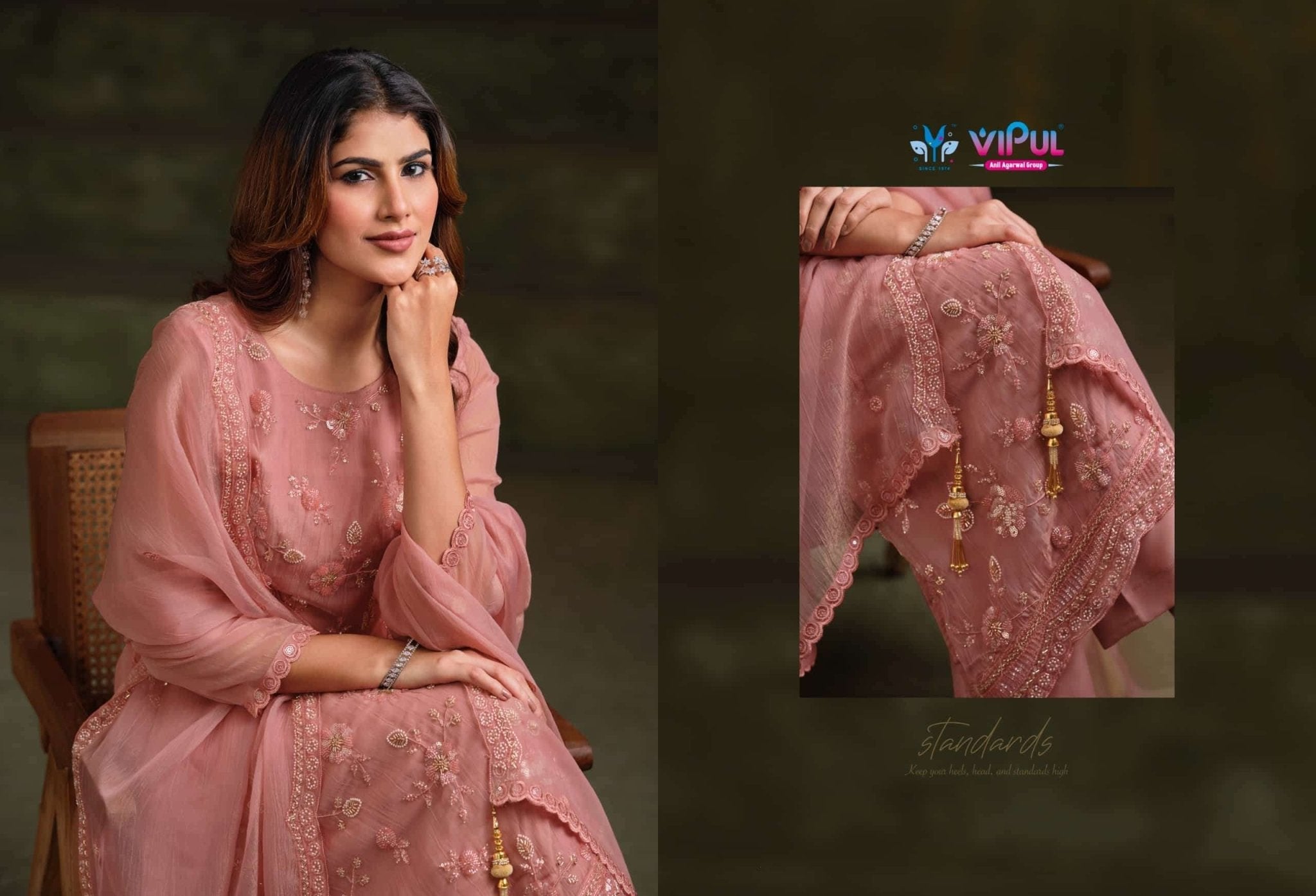 Vipul Fashion Alishaa Vol 2 Gold Crinkle Chiffon Pakistani Suit - Amrah Wholesale