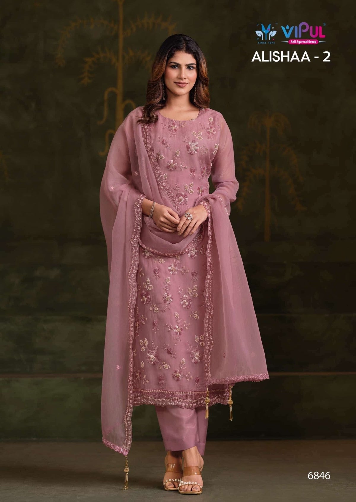 Vipul Fashion Alishaa Vol 2 Gold Crinkle Chiffon Pakistani Suit - Amrah Wholesale