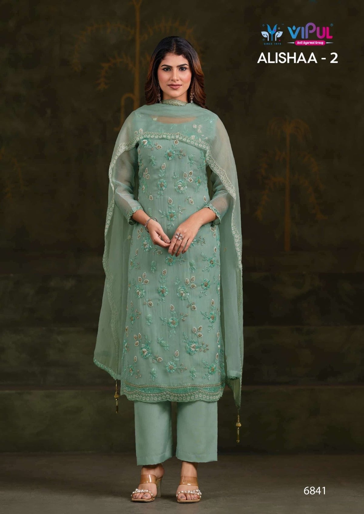 Vipul Fashion Alishaa Vol 2 Gold Crinkle Chiffon Pakistani Suit - Amrah Wholesale