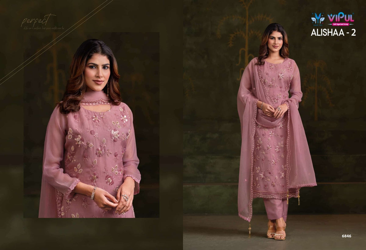 Vipul Fashion Alishaa Vol 2 Gold Crinkle Chiffon Pakistani Suit - Amrah Wholesale