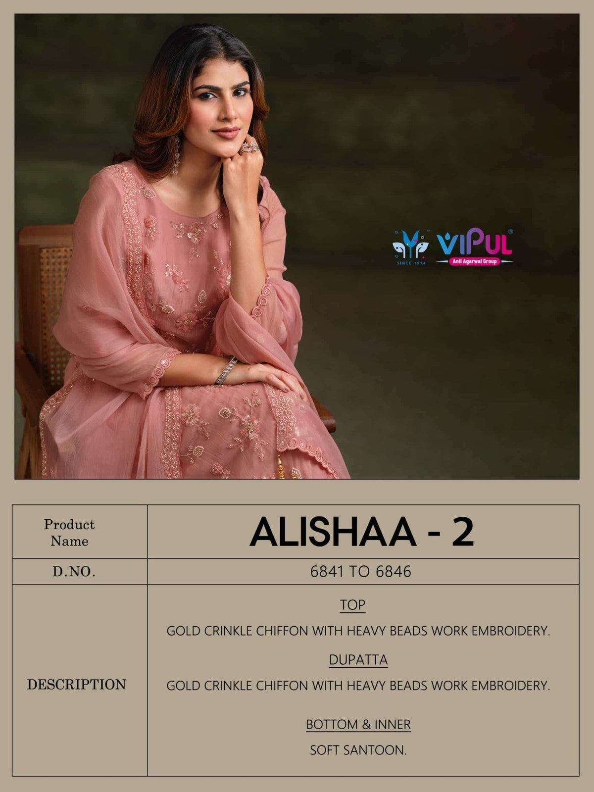 Vipul Fashion Alishaa Vol 2 Gold Crinkle Chiffon Pakistani Suit - Amrah Wholesale