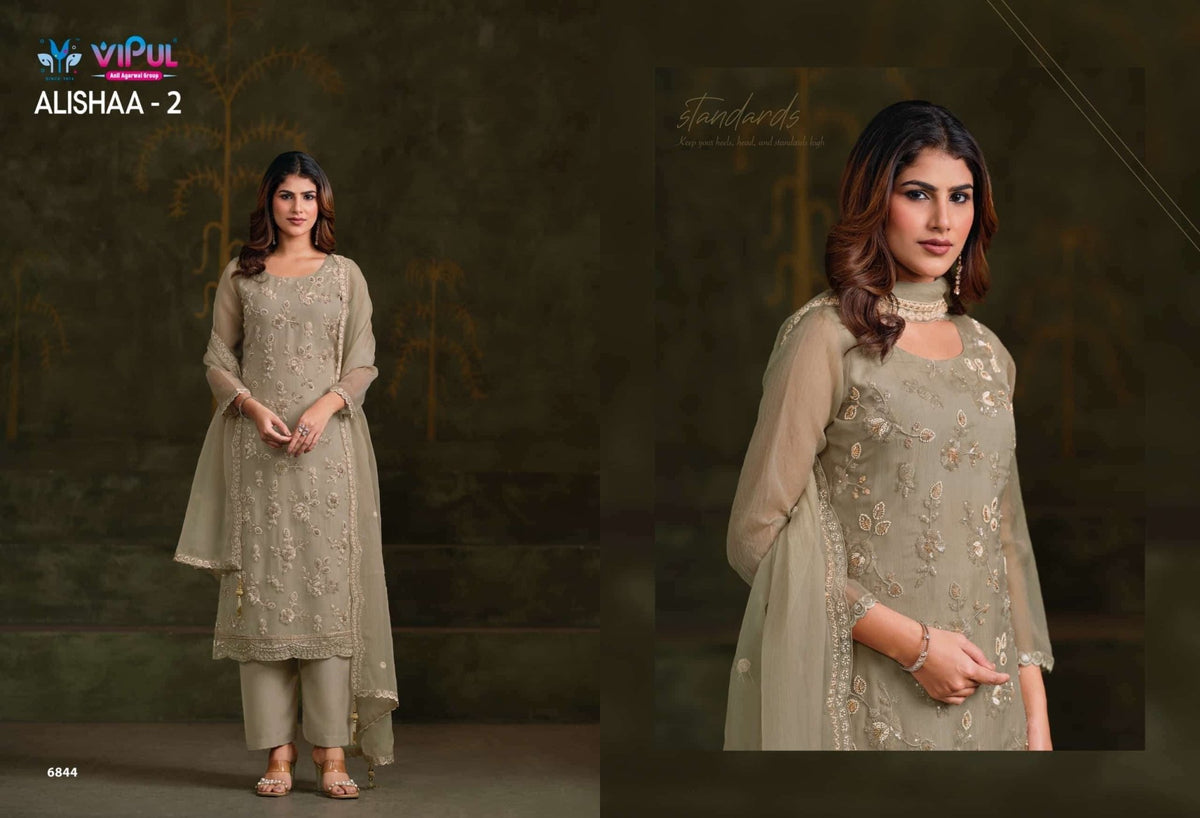 Vipul Fashion Alishaa Vol 2 Gold Crinkle Chiffon Pakistani Suit - Amrah Wholesale