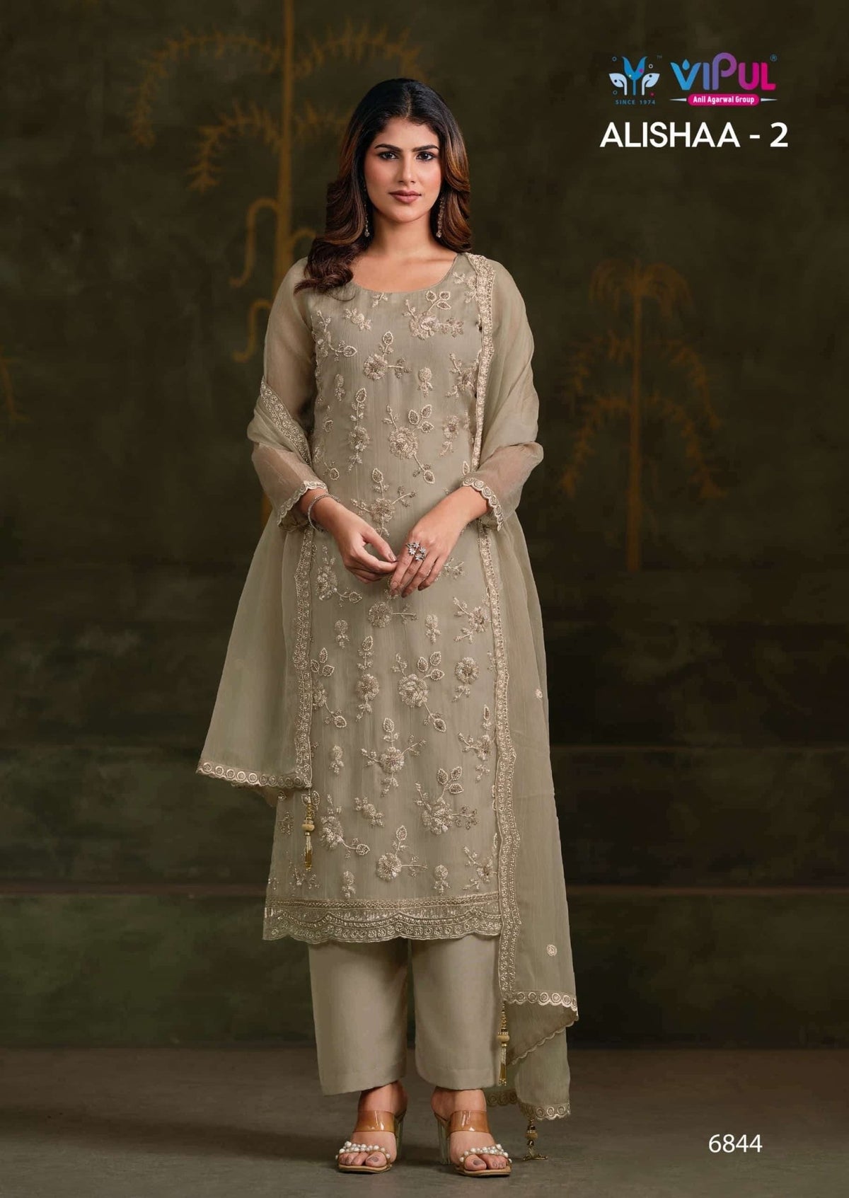 Vipul Fashion Alishaa Vol 2 Gold Crinkle Chiffon Pakistani Suit - Amrah Wholesale