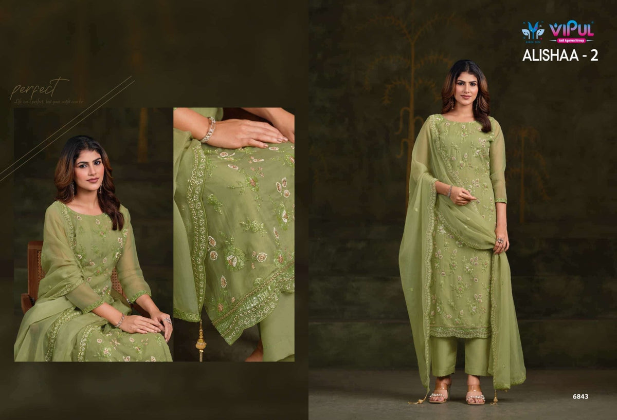 Vipul Fashion Alishaa Vol 2 Gold Crinkle Chiffon Pakistani Suit - Amrah Wholesale