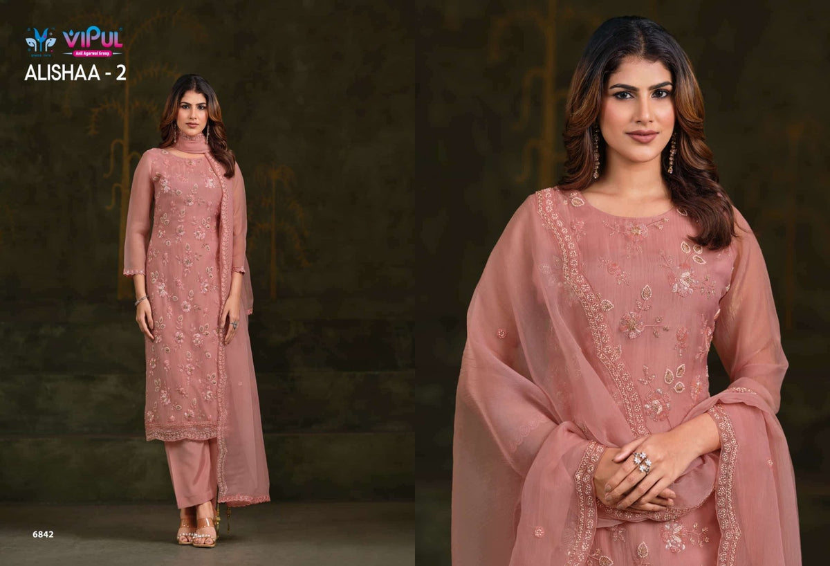 Vipul Fashion Alishaa Vol 2 Gold Crinkle Chiffon Pakistani Suit - Amrah Wholesale