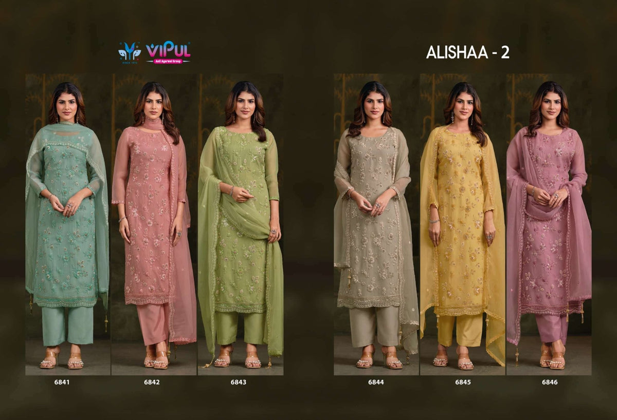 Vipul Fashion Alishaa Vol 2 Gold Crinkle Chiffon Pakistani Suit - Amrah Wholesale