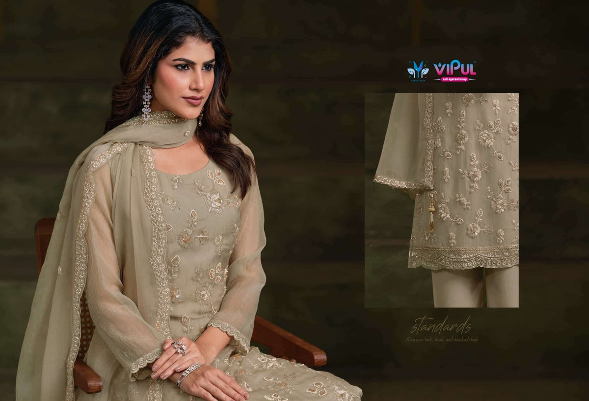 Vipul Fashion Alishaa Vol 2 Gold Crinkle Chiffon Pakistani Suit - Amrah Wholesale