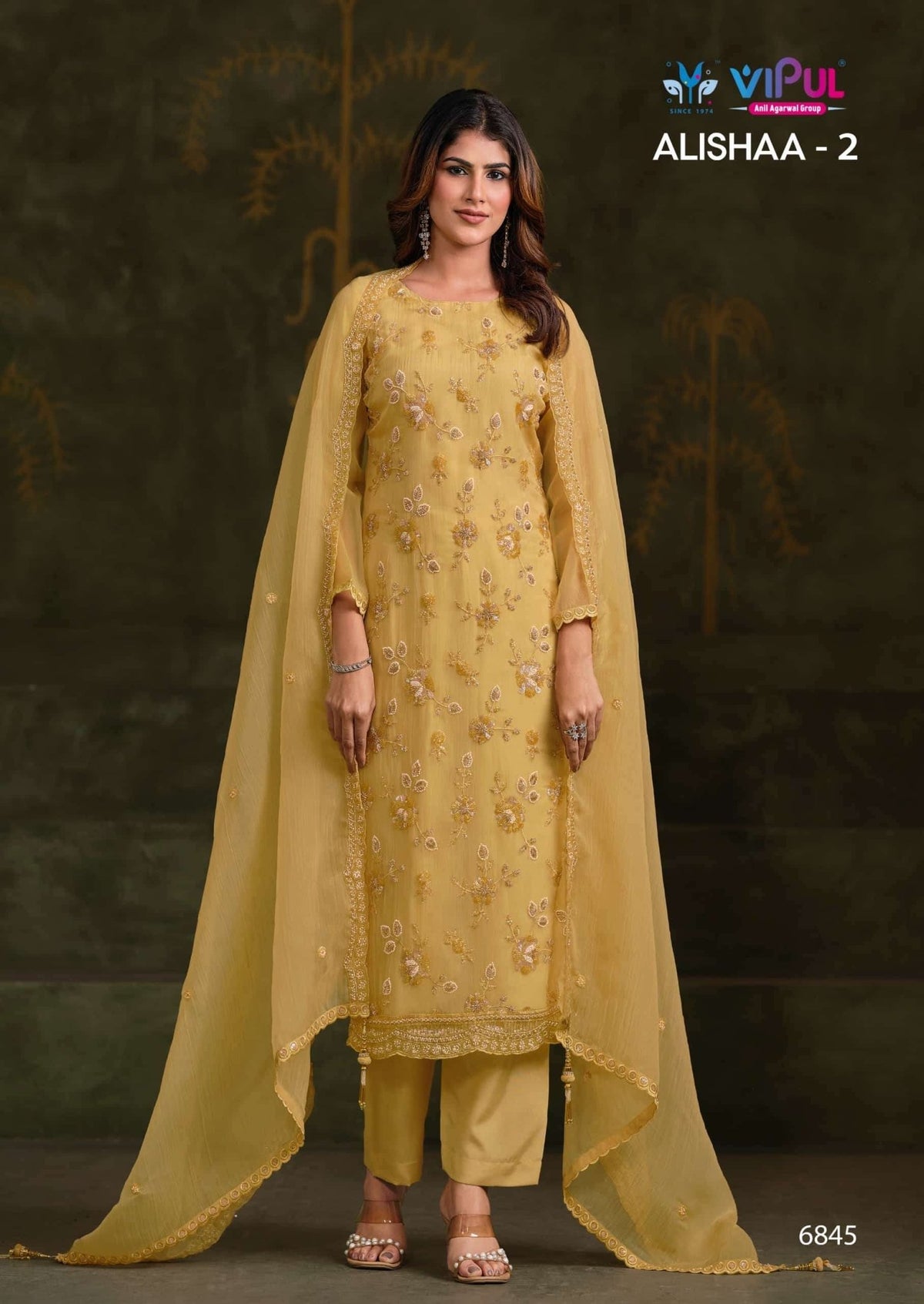 Vipul Fashion Alishaa Vol 2 Gold Crinkle Chiffon Pakistani Suit - Amrah Wholesale